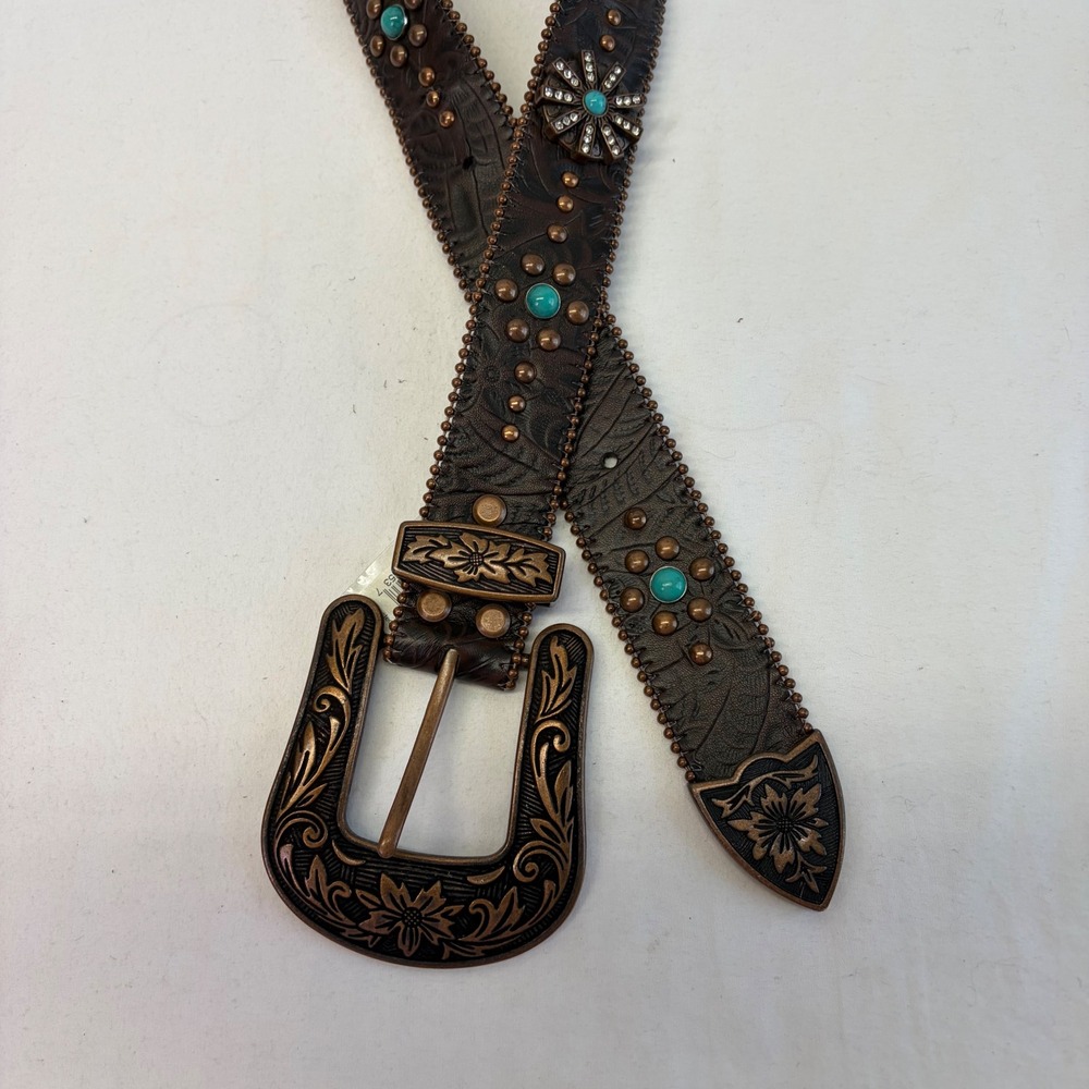 Nocona Belt Womens Large Brown Faux Leather Turquoise Studded Western Cowgirl